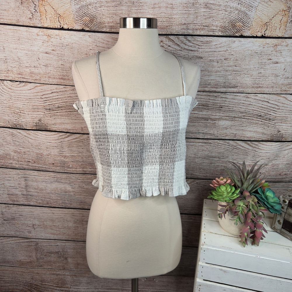 5/$25 Lou & Grey Womens LP Smocked Gingham Cami Crop Top Grey White Ruffle Hem
